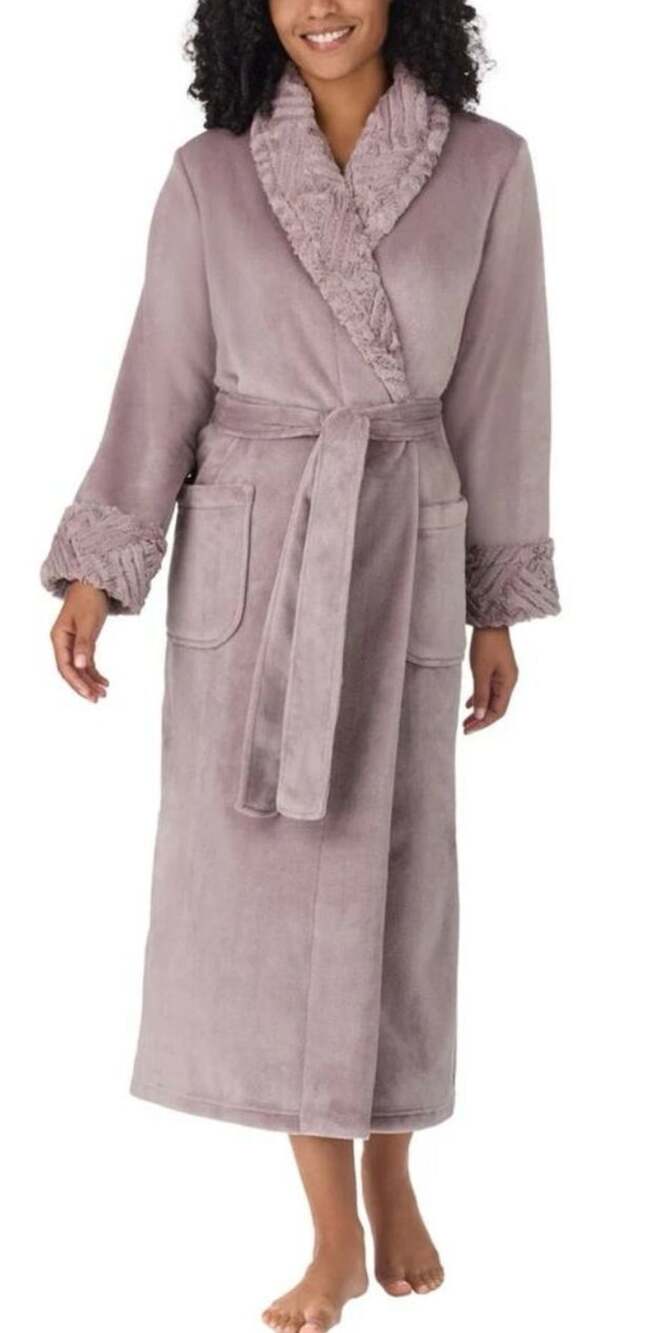 Carole Hochman Lavender Plush Faux Fur Trim Shawl Collar Robe SZ S